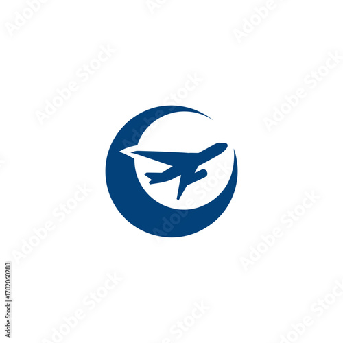 Sleek airplane silhouette flying across a crescent moon icon, symbolizing global travel, aviation, and night flights.