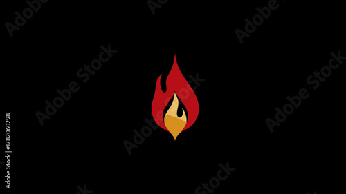 Stylized Red and Orange Flame Icon on Black Background. Abstract Fire Graphic Symbol Representing Heat, Energy, or Warmth.