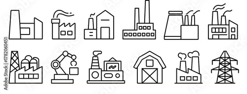 Factory icons collection. Simple factory, plant, industry icon set. Production symbol. Flat and line style - stock vector..