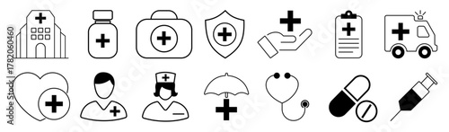 Medecine flat icons set. Medical and Health icons collection. Doctor, medical card diagnostic, pharmacy, ambulance, cardiogram - stock vector.