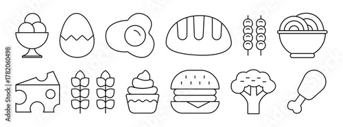 food line editable icon set. Containing cake, sandwitch, bakery food, fast food, and more. Editable stroke. Vector illustration.