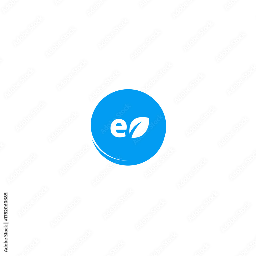 Obraz premium Abstract modern blue circle icon with white letter 'e' and leaf symbol, representing ecology, environment, nature, and efficiency.