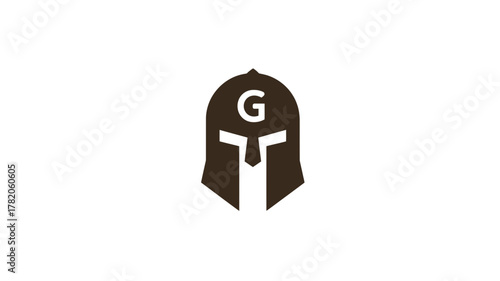 Minimalist dark brown graphic icon of a warrior helmet with the letter G, symbolizing strength, protection, and ancient history.