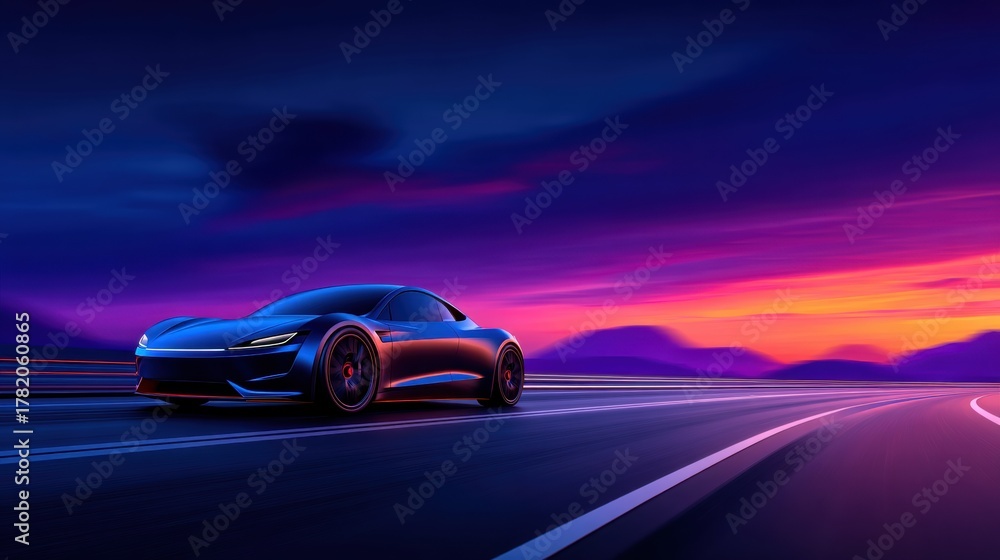 Fototapeta premium Dynamic Sports Car on Highway with Vibrant Sunset Sky