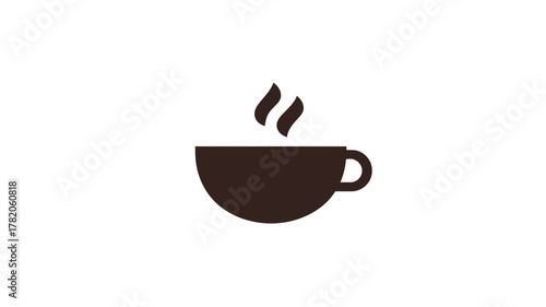 Minimalist hot coffee cup icon with steam, dark brown mug, simple flat design vector illustration on white background