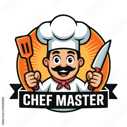 Cartoon chef character with spatula and knife in front of orange sunburst cooking kitchen