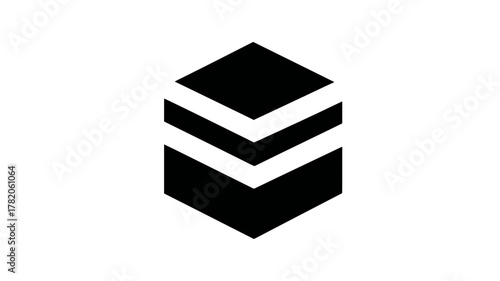 Minimalist black stacked layers icon. Abstract geometric symbol for data, blockchain, server, storage, or digital technology concept.