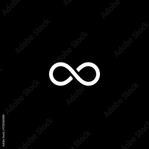 White infinity symbol graphic on black background. Abstract concept of eternity, endlessness, limitlessness, perpetuity, loop, forever.