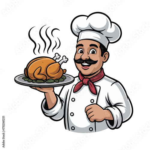 Cartoon chef presenting a roasted chicken on a platter with steam vector