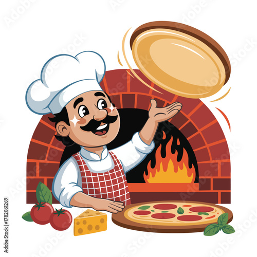 Cartoon chef tossing pizza dough in front of brick oven with ingredients cooking