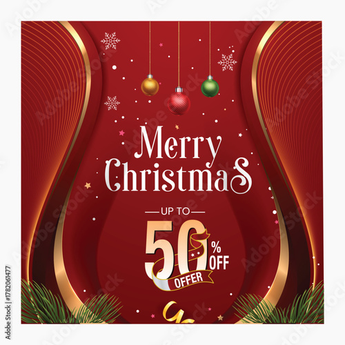 Best Christmas deals - up to 15%, 30%, 50% and 70% off discount, Christmas sale discount banner on red background with fir branches, snowflakes and golden balls.