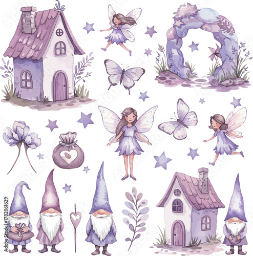 Watercolor fantasy fairies gnomes houses butterflies.