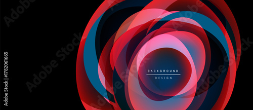 Abstract circular layers, vibrant reds, blues. Modern design, overlapping shapes create dynamic visual effect. Text reads background design.