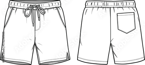 Shorts flat sketch, fashion technical drawing, front and back view, elastic waistband, drawstring, patch pocket, garment design, apparel illustration template