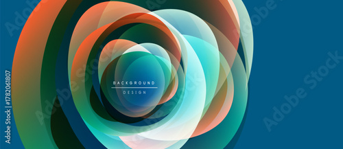 Abstract circular layers, vibrant colors, modern design. Blue background complements orange, teal, green hues. Text reads background design.