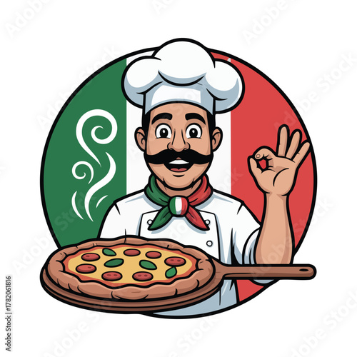 Cartoon Italian Chef Holding Pizza and Showing Okay Gesture food cooking