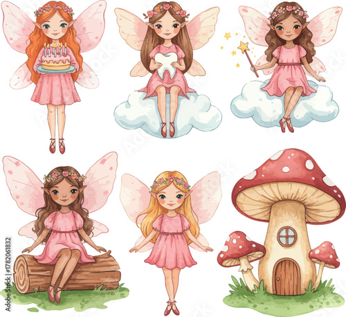 Watercolor fairy collection set with mushroom houses