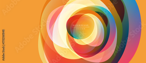 Abstract colorful layers create swirling circular design. Warm tones blend into cooler shades, forming dynamic visual effect.