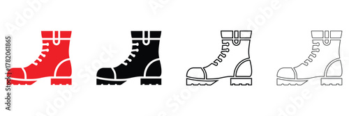 Hiking boots icons set, construction work boot, combat, army boot, winter boot vector, silhouette and line art