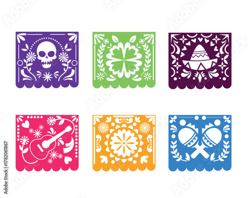 Set of colorful Mexican papel picado icons featuring skull, guitar, sombrero, and maracas in flat festive style, perfect for Day of the Dead decoration and celebration design projects