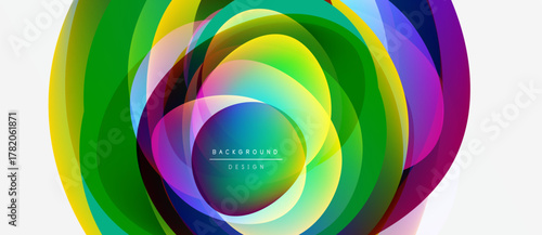 Abstract colorful layers create dynamic circular pattern. Vibrant hues blend, forming modern background design. Smooth gradients offer visual interest.