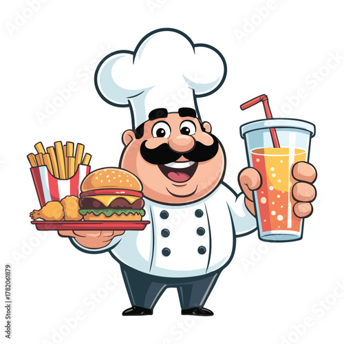 Cheerful cartoon chef holding a burger fries chicken and drink character food