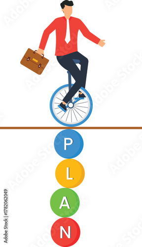 Businessman balancing unicycle on business plan for strategy execution and risk management. Corporate challenge skillful navigation goal achievement career path project management balancing act.