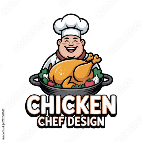 Cheerful cartoon chef holding a roasted chicken in a serving dish food