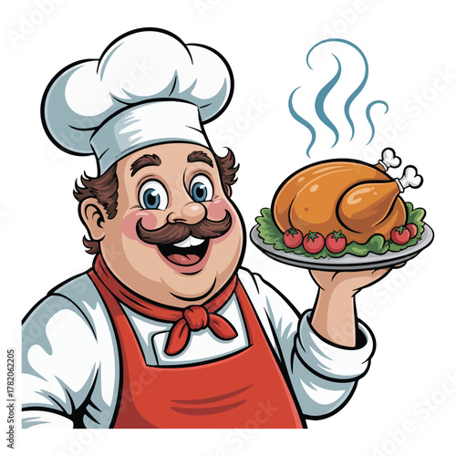 Cheerful cartoon chef presenting a roasted chicken on a platter cooking food 1