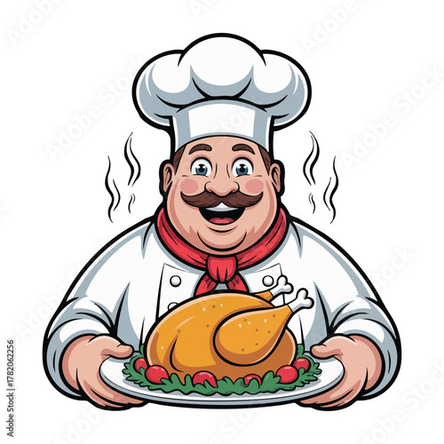 Cheerful cartoon chef presenting a roasted chicken on a platter cooking food