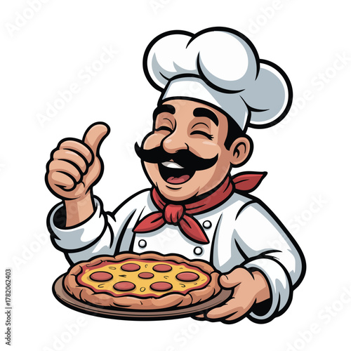 Cheerful cartoon chef with mustache holding pepperoni pizza and giving thumbs up cooking