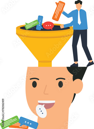 Information Funnel concept with a businessman filtering communication data into a human head. Business strategy, knowledge transfer, data processing, learning process, customer feedback.
