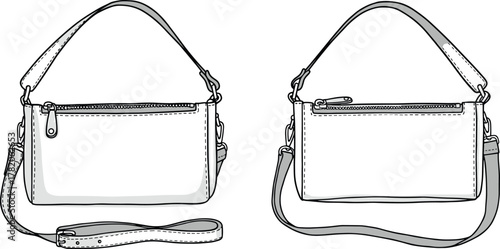 Handbag flat sketch, fashion technical drawing, back view, zipper pocket, shoulder strap, top handle, structured bag design, accessory illustration template