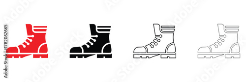Hiking boots icons set, construction work boot, combat, army boot, winter boot vector, silhouette and line art