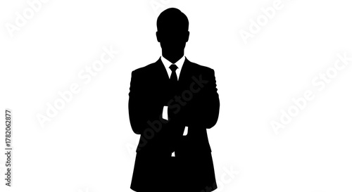 Silhouette of a person in a suit with arms crossed against a white background in portrait orientation