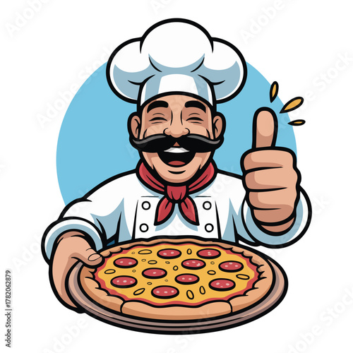 Cheerful chef with mustache holding pepperoni pizza giving thumbs up cooking