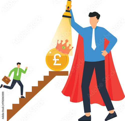 Businessman superhero financial guidance. Corporate mentor showing career path to business success. Investment goal with pound currency for wealth creation.