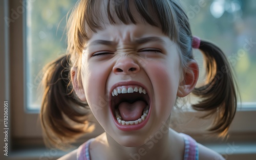 Frustrated little girl screaming loudly with eyes closed and cute hairstyle