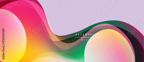 Abstract fluid shapes overlap, creating vibrant gradients. Soft pinks, greens, yellows blend into lavender backdrop. Modern design element.