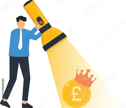 Businessman shining flashlight on pound coin with crown, financial discovery concept, investment opportunity search, UK economy value, wealth management graphic, business success goal, market analysis