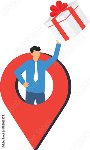 Local delivery service man holding gift box inside map pin location icon online shopping reward program special offer gift giving celebration present