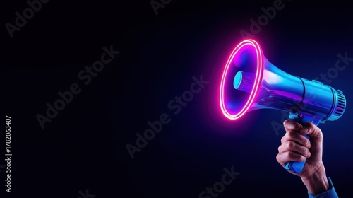 Hand Holding Vibrant Neon Megaphone for Digital Communication