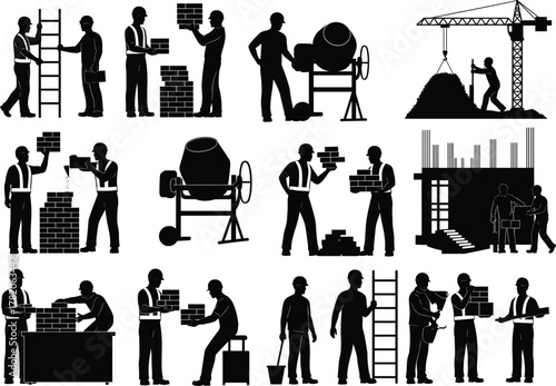 Silhouette construction workers performing various building tasks with tools, lifting bricks, mixing cement, teamwork on site, industrial labor concept for architecture and construction