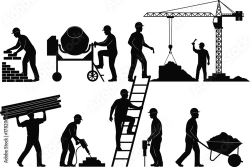 Silhouette construction workers using tools, carrying materials, operating cement mixer, working with crane and ladder, industrial labor teamwork concept for building construction projects