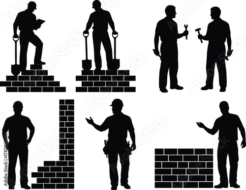 Silhouette construction workers with tools and brick walls, professional builders teamwork vector illustration showing industrial labor, engineering, and architectural work concept
