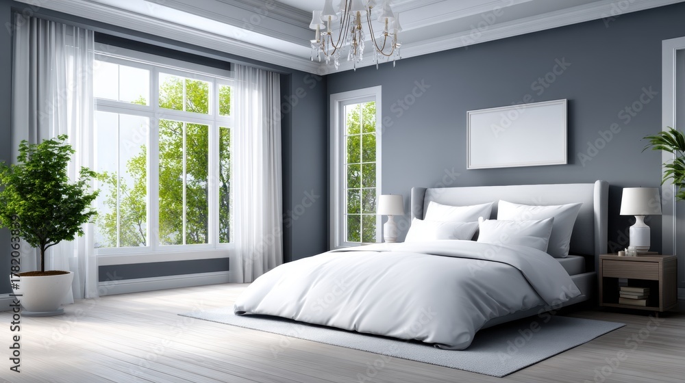 Fototapeta premium Elegant Modern Bedroom Interior with White Bed and Bright Window View