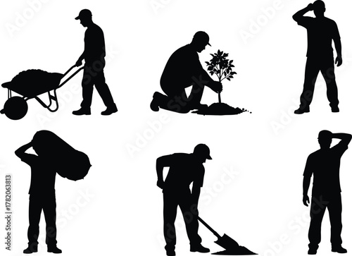 Silhouette illustration of construction and labor workers performing various tasks such as shoveling, carrying, and planting, representing hard work, teamwork, and outdoor manual labor