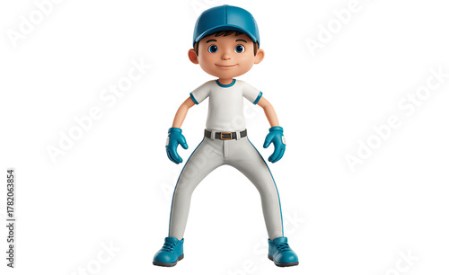 3d cartoon boy baseball player in ready stance, athletic pose
