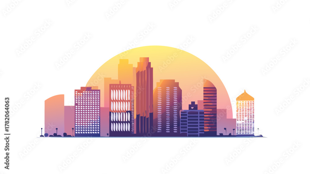 Obraz premium Modern urban city skyline silhouette with skyscrapers, minimalist vector design, sunrise gradient.