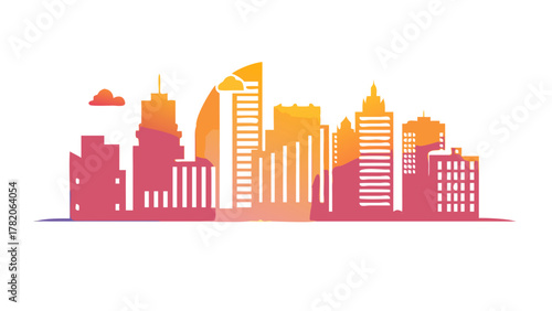 Modern urban city skyline silhouette with skyscrapers, minimalist vector design, sunrise gradient.